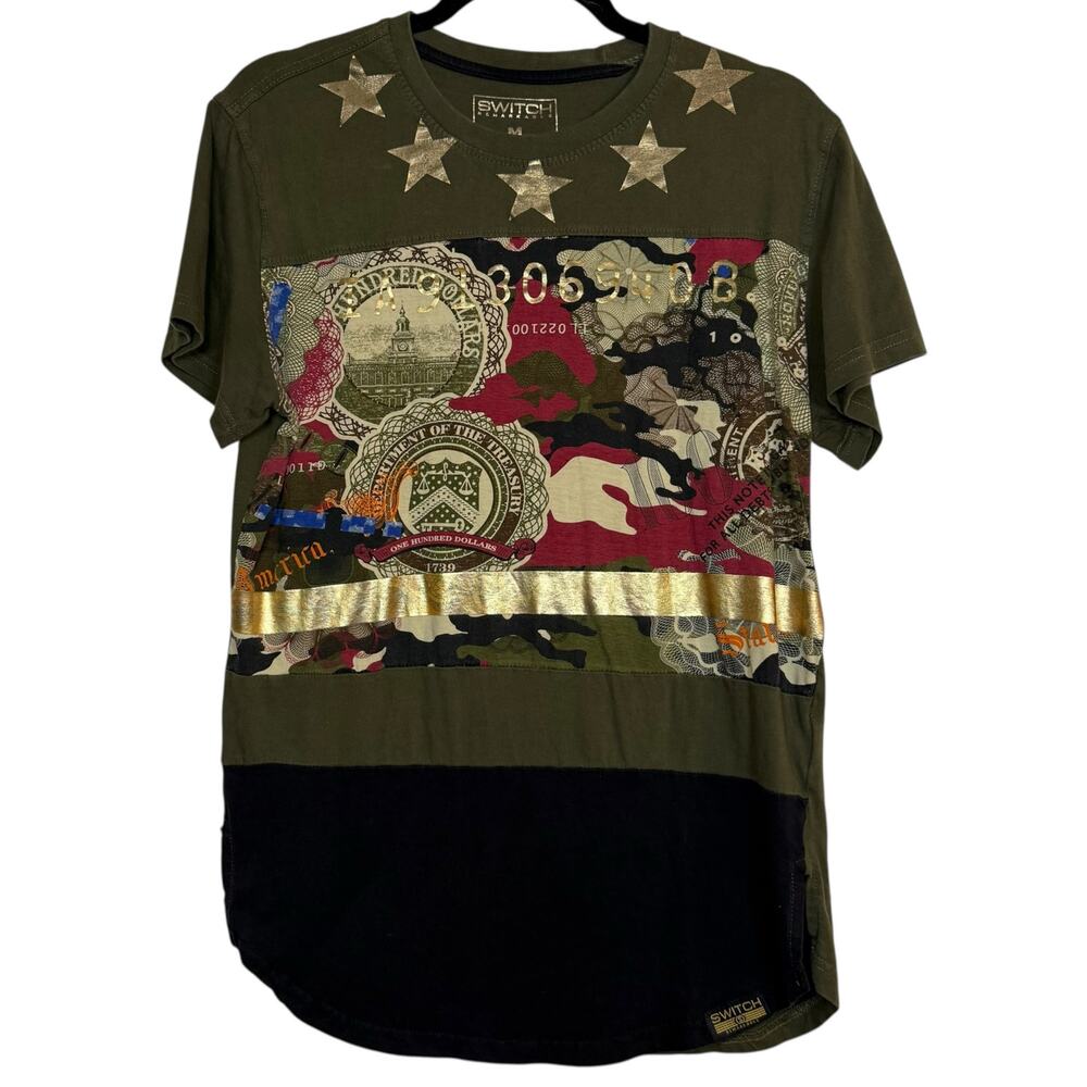 Switch‎ Remarkable Olive Green and Gold Tone Men's Cotton Graphic Tee Medium